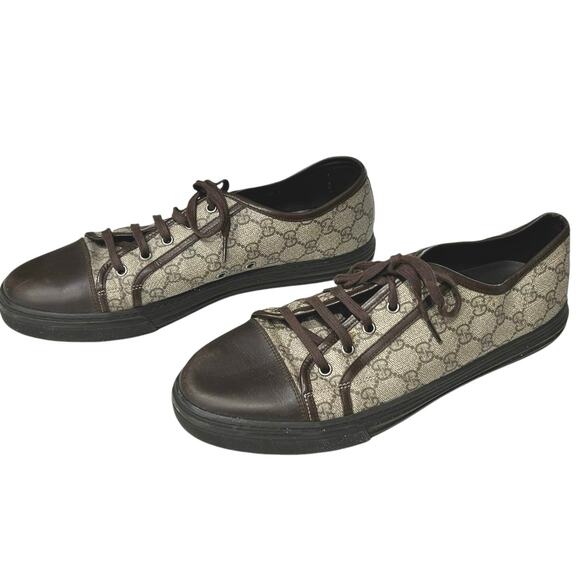 GUCCI Men’s Low Top Cap Toe Sneakers in Brown GG Canvas & Leather-12G(US 12.5) - Picture 1 of 10